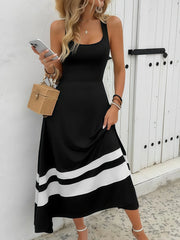 Hnewly  Summer Women's Color Block Sleeveless U-Neck Cross Back Black White Long Dress Fashionable Casual Maxi Gown