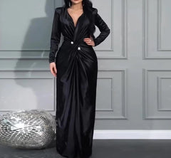 Hnewly  Light Mature Style V-Shaped Collar A-Line Skirt Fashion Pleated Waist Cinched Evening Gown for Women Middle-Waisted Long Dress