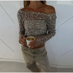 Hnewly  Sexy Women's Sequined Off Shoulder Top Slim Hollow out V-neck Full Sleeve Solid Shirt Autumn Lady Shiny Party Tops New