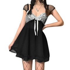 Cute Lace Patchwork Kawaii Dress Chiffon Vintage Fairycore Grunge Clothes Y2K Aesthetic 2000s Mini A-line Outfits