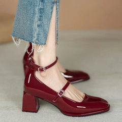 Hnewly New Women's Mary Janes Shoes High Quality Leather Shoes for Women Square Toe Shallow Buckle Strap Women's Shoes sandalias
