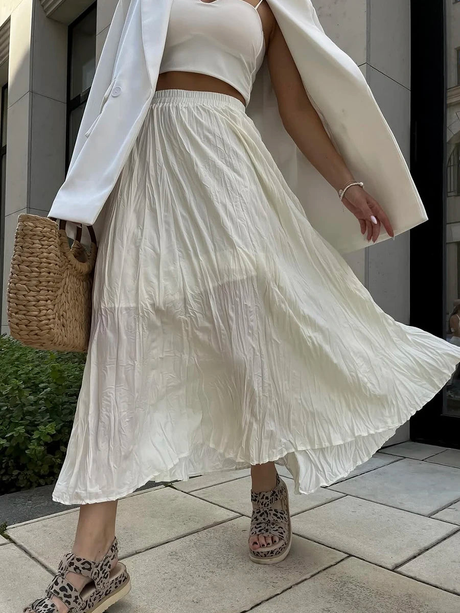 Hnewly   Pleated Midi Skirts for Women Summer Clothes Elastic High Wasit A Line Fashion Skirt Female Vintage Elegant Long Skirt