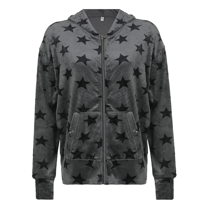 Hnewly Gothic Sweatshirt Women Punk Style Star Pattern Zip Up Long Sleeve Hooded Tops with Pockets y2k Dark Academia Clothes