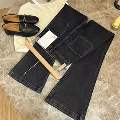 Hnewly  New High Waist Trousers Loose Washed Jeans Pockets Slim Denim Flare Classic Women Vintage Stretch Straight Trousers All-match