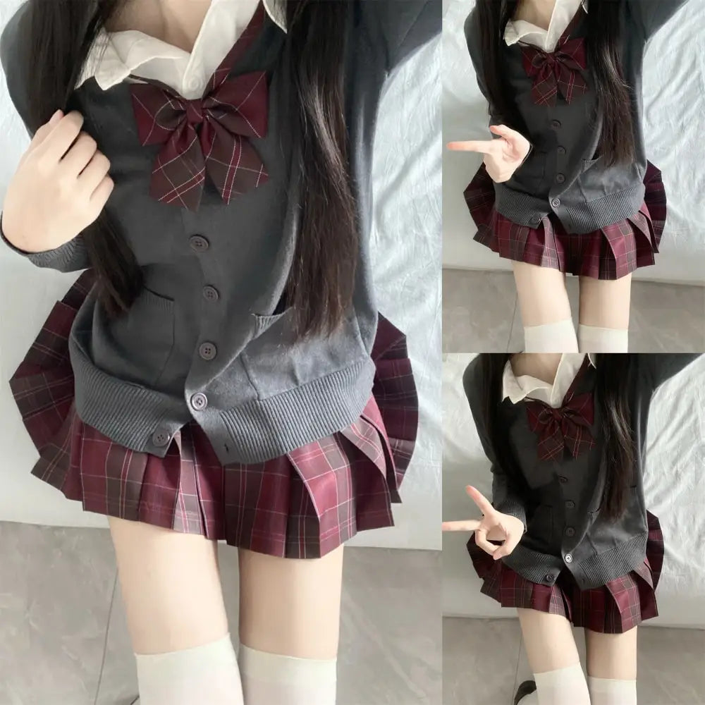 Hnewly 3Pc Set Japanese Korean School Uniforms Multicolor Sweater&Plaid Pleat Skirt with Bow Jk Uniform Suit Graduation Costumes Women