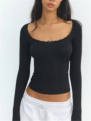 Hnewly  Fall Clothes Long Sleeve Top Knit Korean Fashion Sweaters Sexy Vintage Clothes Cropped Pullovers Ribbed Bow Tie Tops Pink