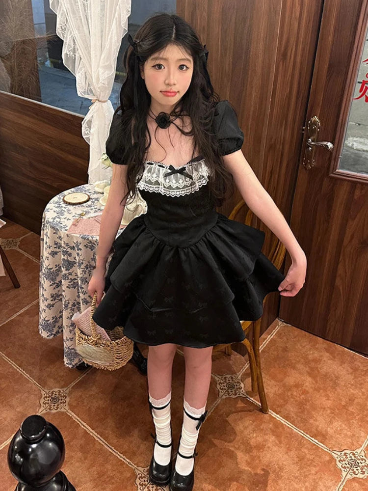 Hnewly Summer New Fashion Mini Dresses American Black Gothic Evening Party Clothing Women Elegant Sweet Lace Short Dress Vintage Chic