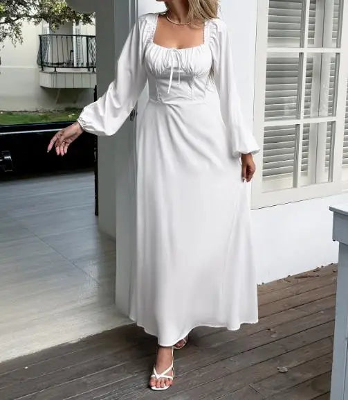 Hnewly  Autumn/winter Square Neck Long Sleeve Maxi Dress with Ruched Detail for Women, Vacation Long Sleeved Dress