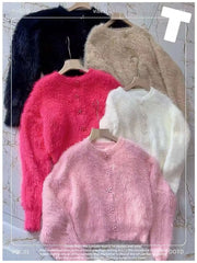 Hnewly  Flower Button Fuzzy Knit Sweater Cardigan Warm Fluffy Button-up Crop Sweater Jacket Knitwear Teen-girl Fall Winter Cute Outfit