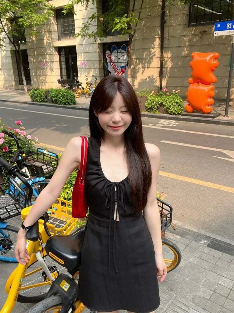 Hnewly   Woman Dress Fashion Summer Hollow Out Sexy Sweet Sleeveless Bandage Solid Slim Elegant Party Mini Dresses Female Casual