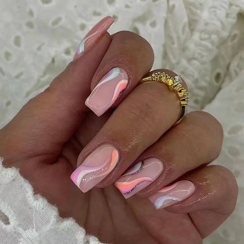 Hnewly 24Pcs Press On Nails Simple French Colorful Wavy Abstract Line Fake Nails Full Cover Nail Art Tips Coffin Square Head False Nail