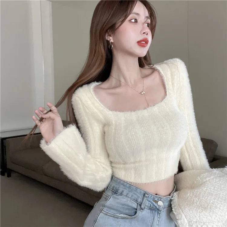 Hnewly Autumn Winter Knitting Crop Tops Women Skinny Sweaters Bottom Shirts Fashion Female Long Sleeve Pullover Casual Knitted Sweater