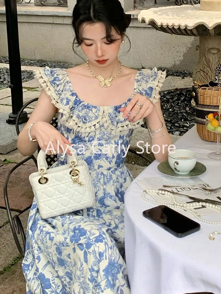 Hnewly DRESS TO IMPRESS Elegant Korean Fairy Long Dress Women Sexy Ruffles Party Slip Floral Dress Korean Style Summer Dress Female 2024 Casual Fashion