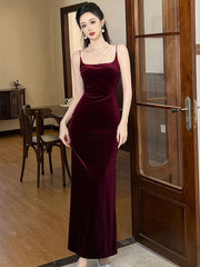 Hnewly prom dresses 2025 Elegant Annual Meeting Long Dress Women French Wine Red Black Velvet Strap Backless Slit Maxi Robe Femme Bottom Party Vestidos
