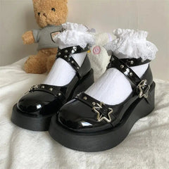 Hnewly Shoes Lolita shoes Women heels platform mary janes Star Buckle Strap Mary Janes Women Cross-tied Girls Rivet Casual kawaii shoes