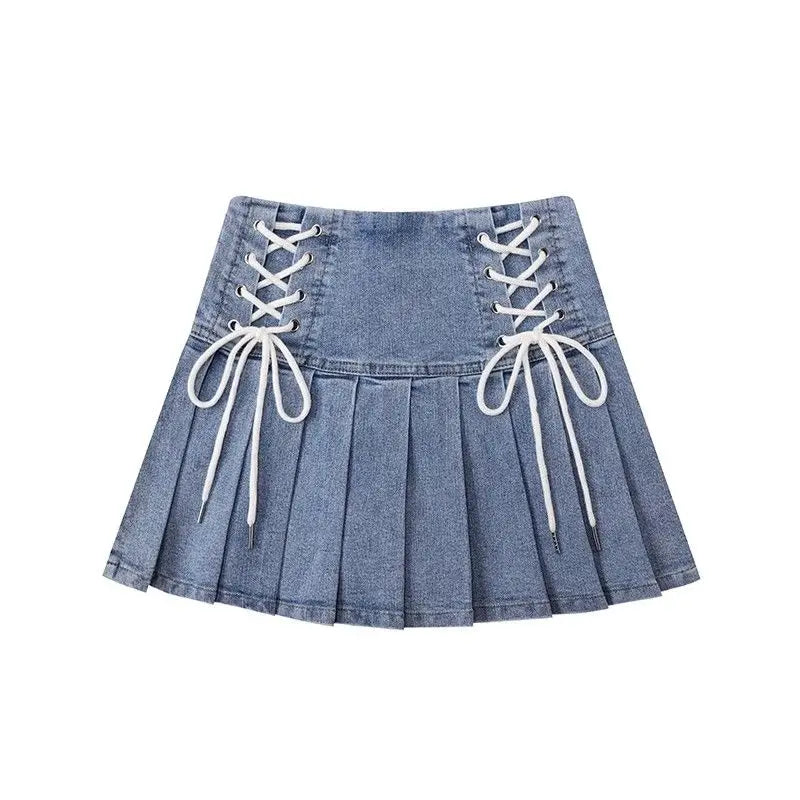 Hnewly Denim Pleated Skirts Women Cute Lace-up Chic Girlish Summer Mini Skirt Korean Style Fashion Sexy High Waist Streetwear College