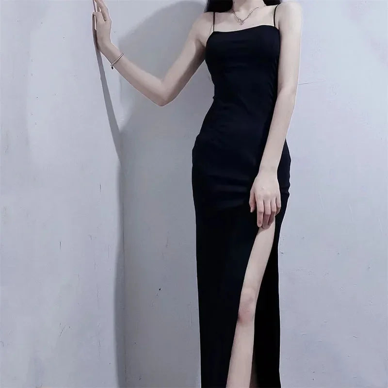 Hnewly Black Spaghetti Strap Women's Dress Summer Sexy Tight Side Split Long Dresses Female Elegant Bodycon Maxi Dress