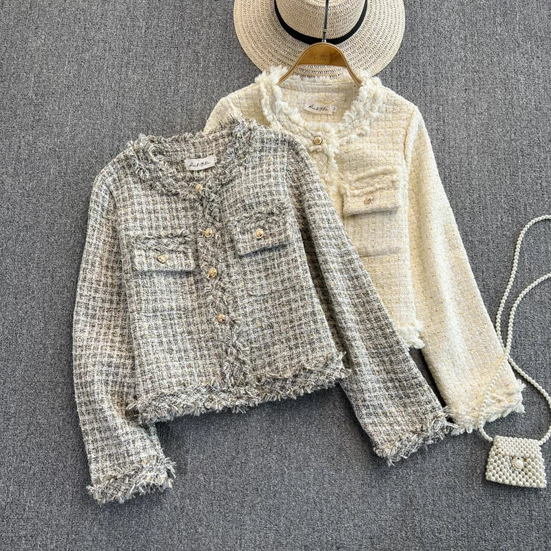 Hnewly  Woven Tweed Jacket Women Autumn Winter New Slim O-neck Single Breasted Coat Elegant Raw Edge Tassel Long Sleeve Blazer