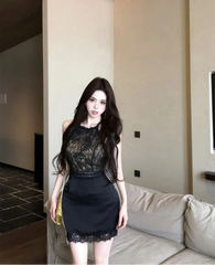 Hnewly  Woman Dress Sexy Sleeveless Lace Patchwork Bow Bandage Summer Fashion Elegant Slim Party Mini Dresses Female Club