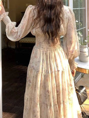 Hnewly  Floral Chiffon Dresses for Women Spring Autumn Elegant Long Dress Korean Fashion A-line Sweet Vestidos Mujer