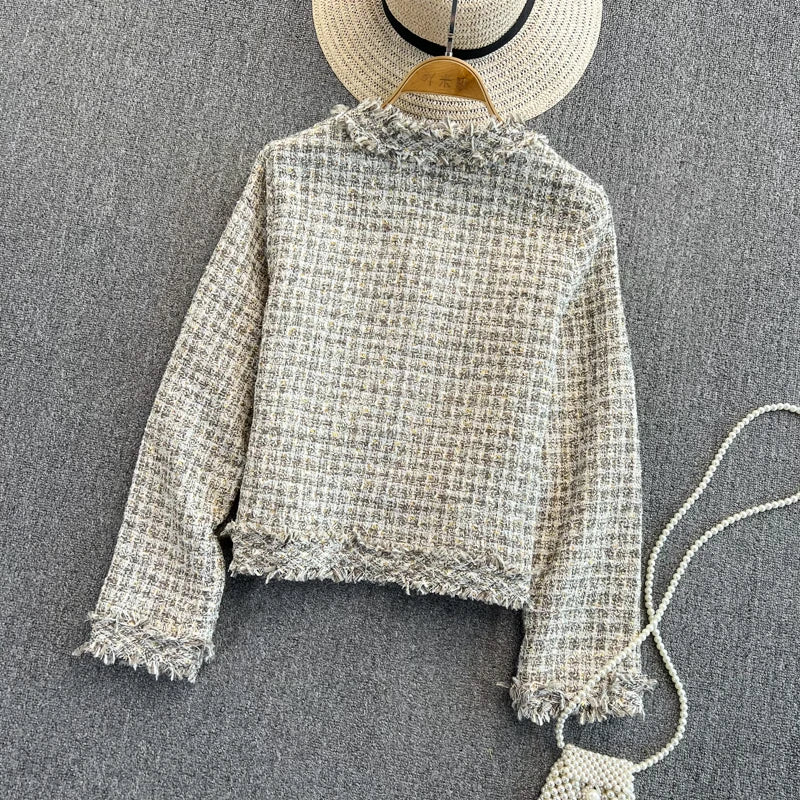 Hnewly  Woven Tweed Jacket Women Autumn Winter New Slim O-neck Single Breasted Coat Elegant Raw Edge Tassel Long Sleeve Blazer