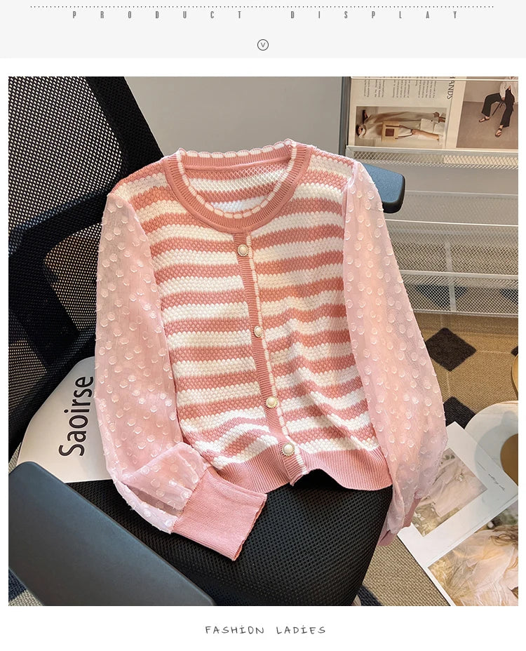 Hnewly  Striped knitted Sweater For Women's Spring Autumn French Elegant Round Neck Long Sleeved Patchwork Chiffon Loose All-Matched Top