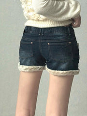 Hnewly Casual Sweet Fur Trim Denim Shorts Korean Style Cute Basic Slim Low-Waisted Shorts Women Winter Fashion Streetwear