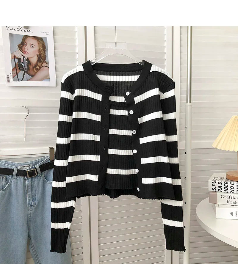 Hnewly  Women's Striped Knitting Cardigan Single Breasted Long Sleeved Sweater+Spaghetti Straps Vest Spring Autumn Korean Top 2pcs