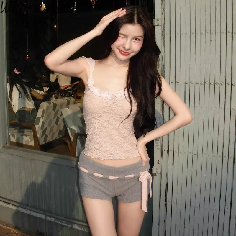 Hnewly Korean Women Off Shoulder Crop Tops Sexy Lace Ruffle Sleeveless Square Neck Vest 2025 Summer Fashion Halter Camisole
