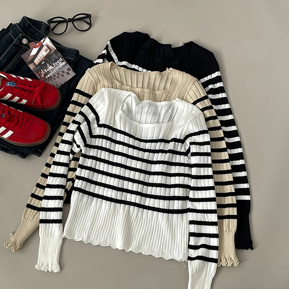 Hnewly  Striped Lace Trim Knitted Sweater 2025 Women's Spring Autumn New Long Sleeve T-Shirt Slim Fit Pullover Base Layer Tops