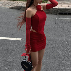 Hnewly  Red Dance Party Holiday Street Matching Outfits For Hottie Girls 3D Flower Halter Cropped Tank Tops+Side Trim Ribbon Skirts