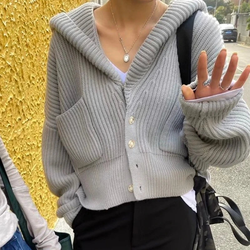 Hnewly  Women's Hooded Cardigan Button Up with Pocket Knitted Sweater Hoodie Slouchy Knitwear Fall Winter Casual Chic Outfit