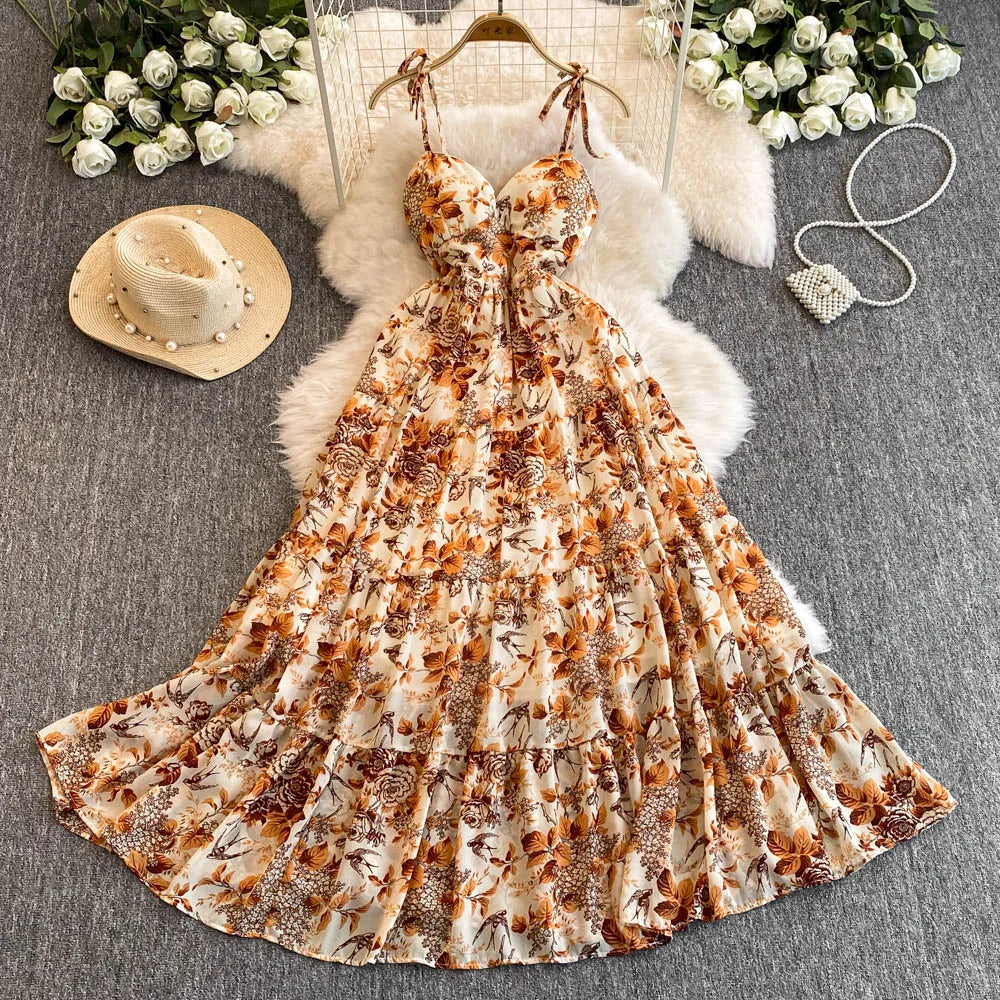 Hnewly  Vestidos Para Mujer Print Floral Hollow Out Spring Summer Woman Dresses Korean Fashion Sexy Beach Style Long Dress