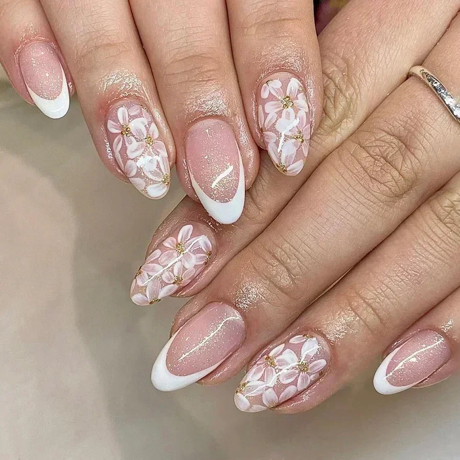 Hnewly 24Pcs Pink Almond False Nails Butterfly Ballet with French Design Wearable Fake Nails Simple Artificial Press on Nails Tips Art