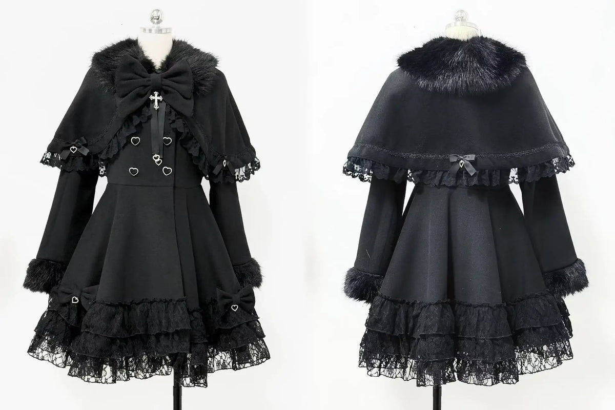 Hnewly  Japanese Mine Lolita Goth Slim Long Sleeve Long Winter Woolen Coat Women High-end Removable Cape Fur Collar Lace Cross Jacket