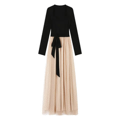 Hnewly  Mesh Dresses for Women Patchwork Autumn Winter A-line Birthday Party Long Dress Korean Fashion Vestidos Mujer