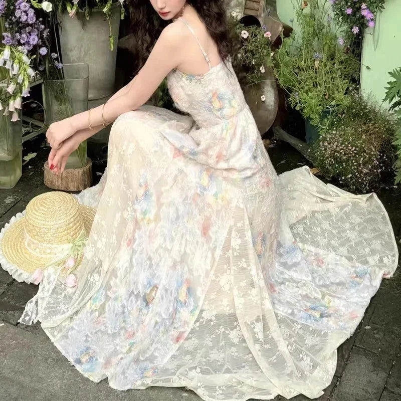 Hnewly French Floral Print Strapless Long Dress Women's Fashion Summer New Style Slimming Maxi Skirt Elegant Women's Clothing