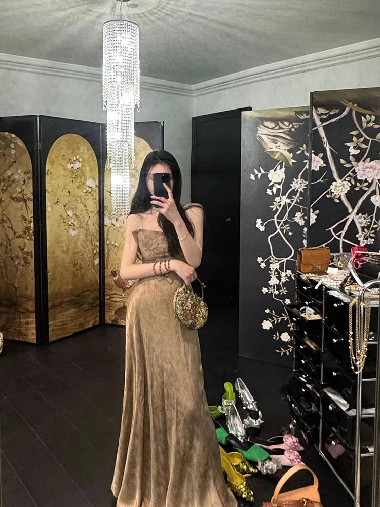 Hnewly Elegant Vintage Midi Dress Women Sleeveless Strap Dress Even Party 2000s Y2k Clothing Korean Fashion Beach Style Bodycon Sexy