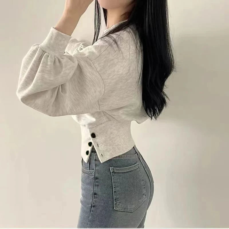 Hnewly FALL OUTFITS Autumn Women Solid O-Neck Slim Crop Top Lantern Sleeve With Button  Sweat Casual Hip-Hop Sporty Pullover Sweet Chic Street Wear