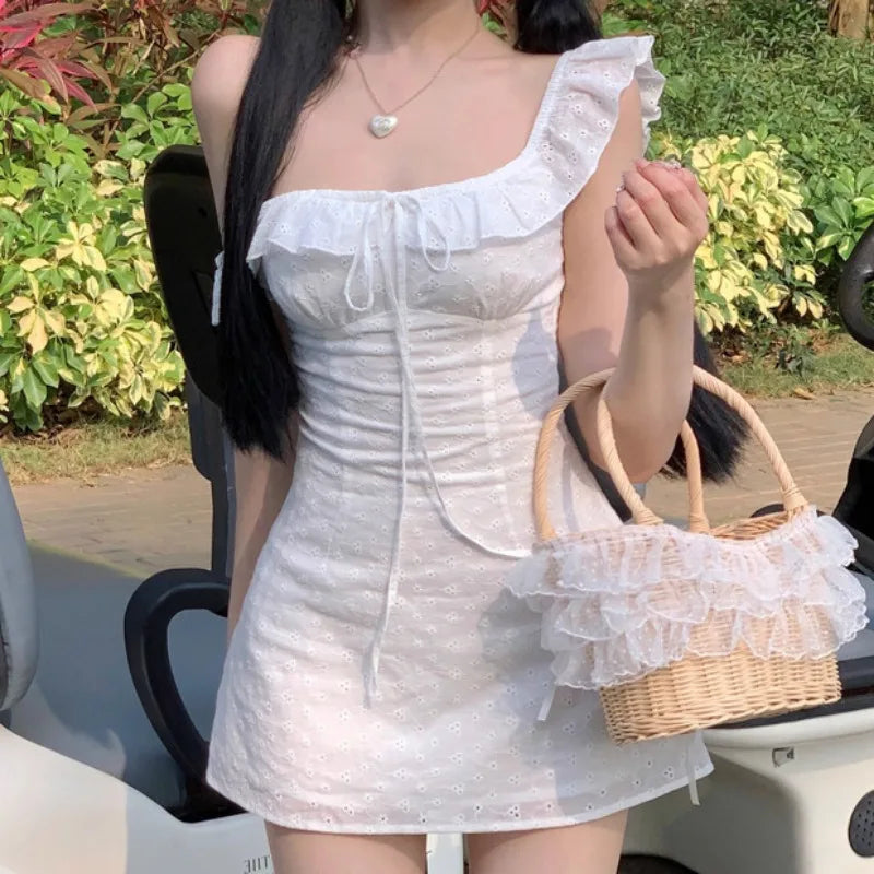 Hnewly A-line Dresses for Women Skinny Solid Flying Sleeve Summer Korean Style Chic Girls Square Collar Ins Lace-up Mini Lovely Girls
