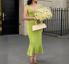 Hnewly  Autumn New Style Solid Color Women's Sleeveless U-Neck Knitted Midi Dress, Fishtail Hem Bodycon Dress for Casual