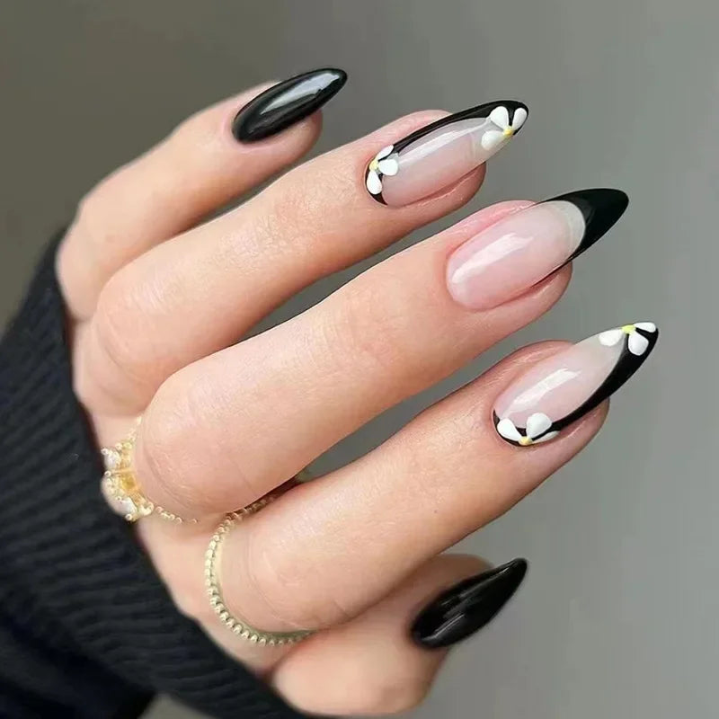 Hnewly 24Pcs French Gold Edge Wearable Almond Press on Fake Nails Simple Pearl Decoration False Nails with Glue Full Over Manicure Tips