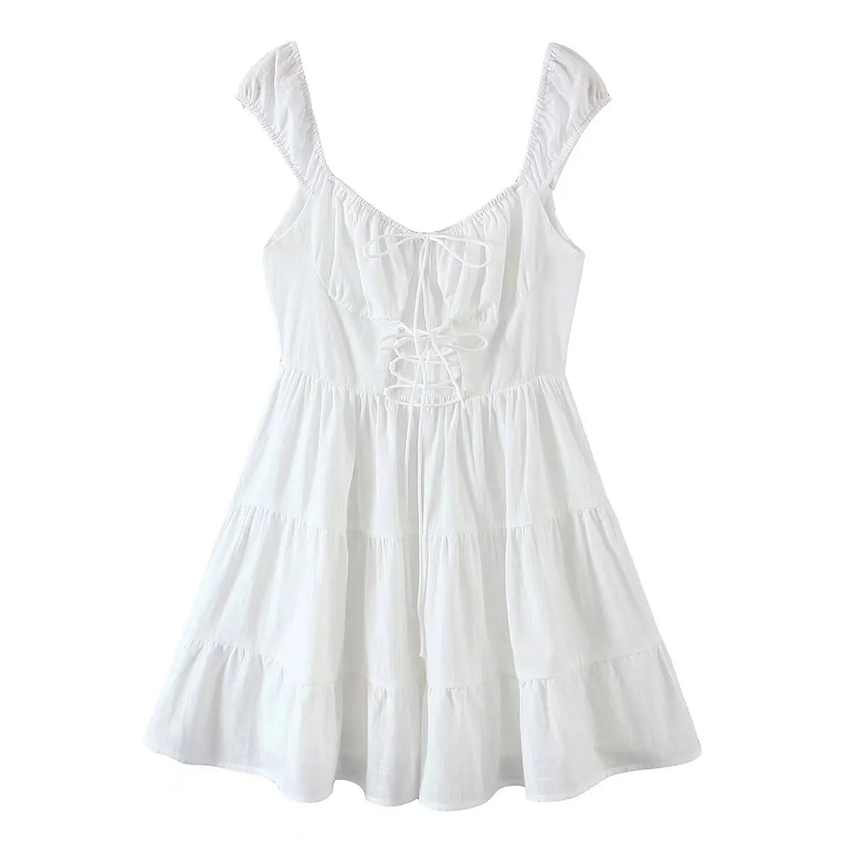 Hnewly  Short sleeve white dresses for women Summer mini lace dress elegant white kawaii dress hollow out lace up dress puff sleeve