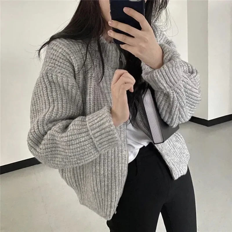 Hnewly Autumn Women's Knitted Jacket New Korean Chic Casual Sweater Coat Solid Color Zipper Thick O Neck Cardigans Women