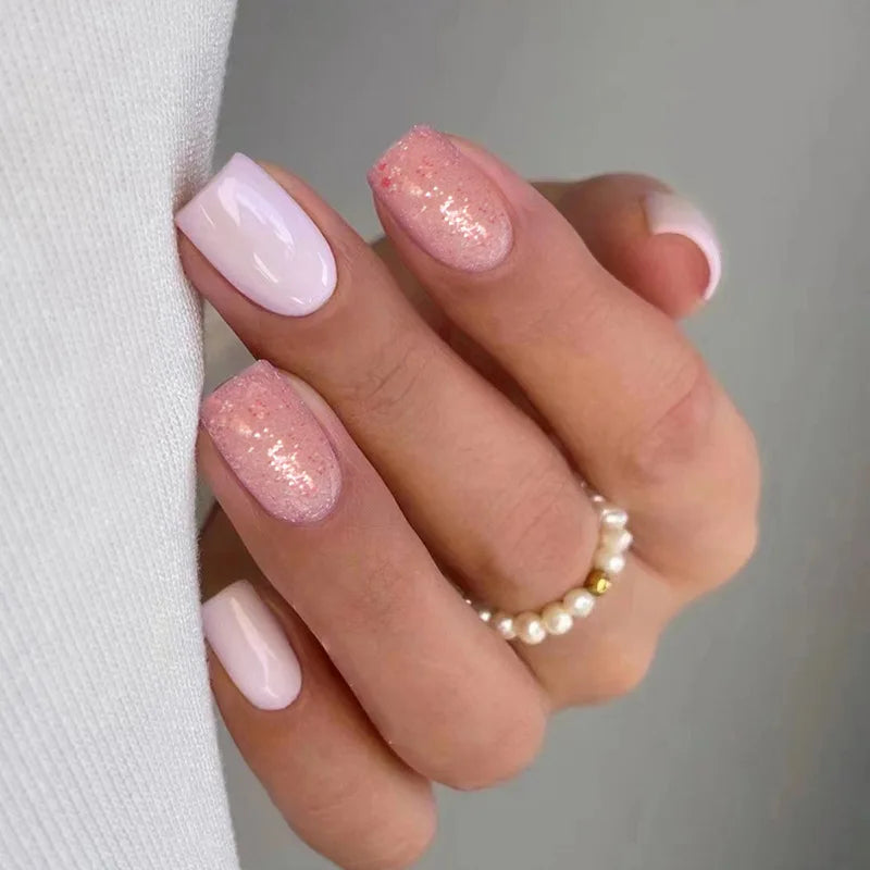 Hnewly 24pcs Short Square Fake Nails Glitter Sequins Flower Design False Nails Press on Nail Tips Artifical Nail Art Manicure for Girls