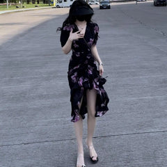 Hnewly  French High-waisted Floral Summer New Irregular Puff Sleeve Printed Dress the dress black dress white dress