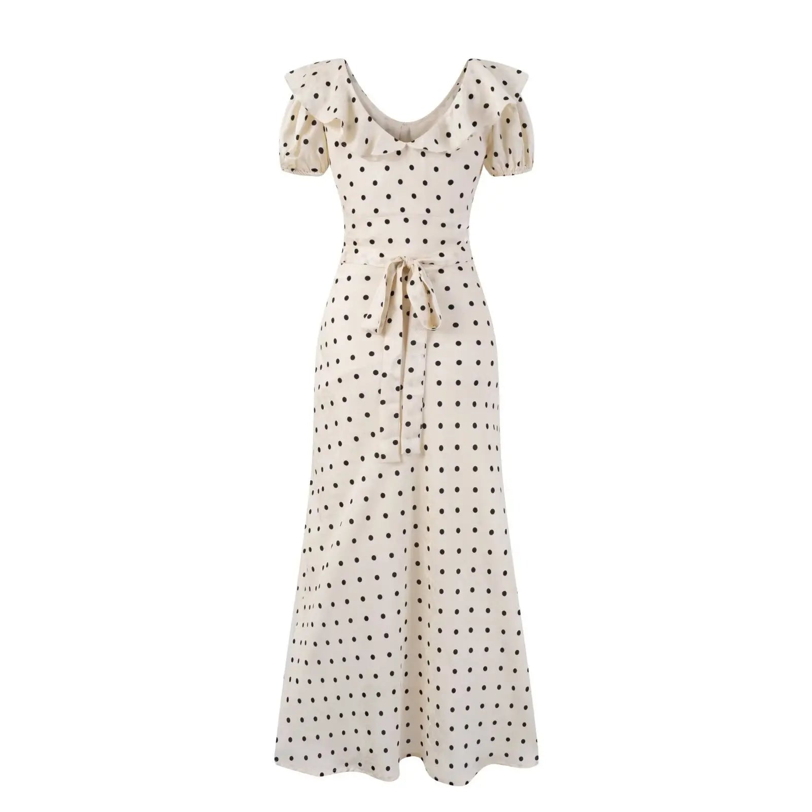Hnewly   French Retro Polka Dot Print Long Dress Sweet Chic V-neck Summer Women Dress Short Sleeve High Waist Elegant Lady Dresses 2025