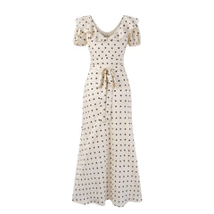 Hnewly   French Retro Polka Dot Print Long Dress Sweet Chic V-neck Summer Women Dress Short Sleeve High Waist Elegant Lady Dresses 2025