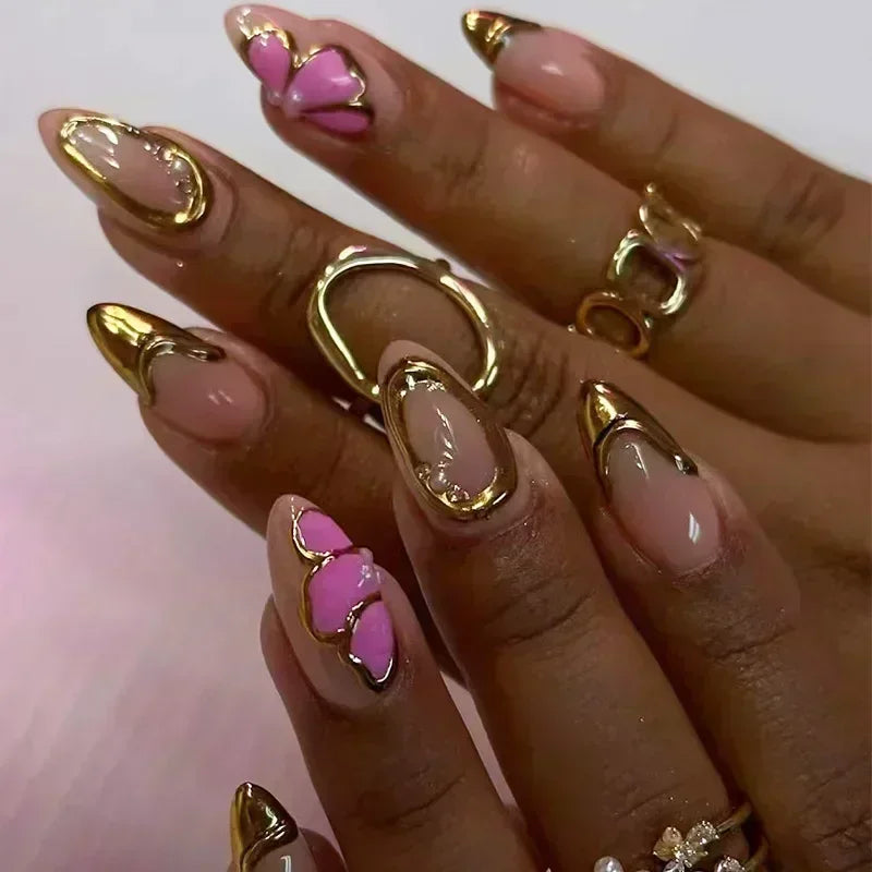 Hnewly 24pcs Detachable Flower Almond bowknot French False Nails Stars Love Glitter Design Press on Nails Fake Nials DIY Manicure Nails