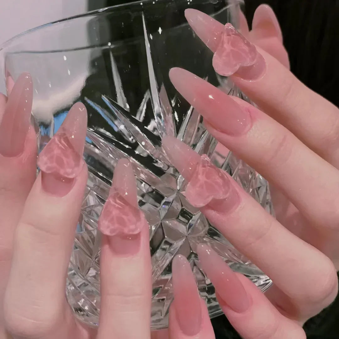Hnewly 24Pcs Cat Eye Press on Nails with Almond Head Bow Diamond Stick on False Nail Sweet Pink French Full Cover Artificial Nails Tips